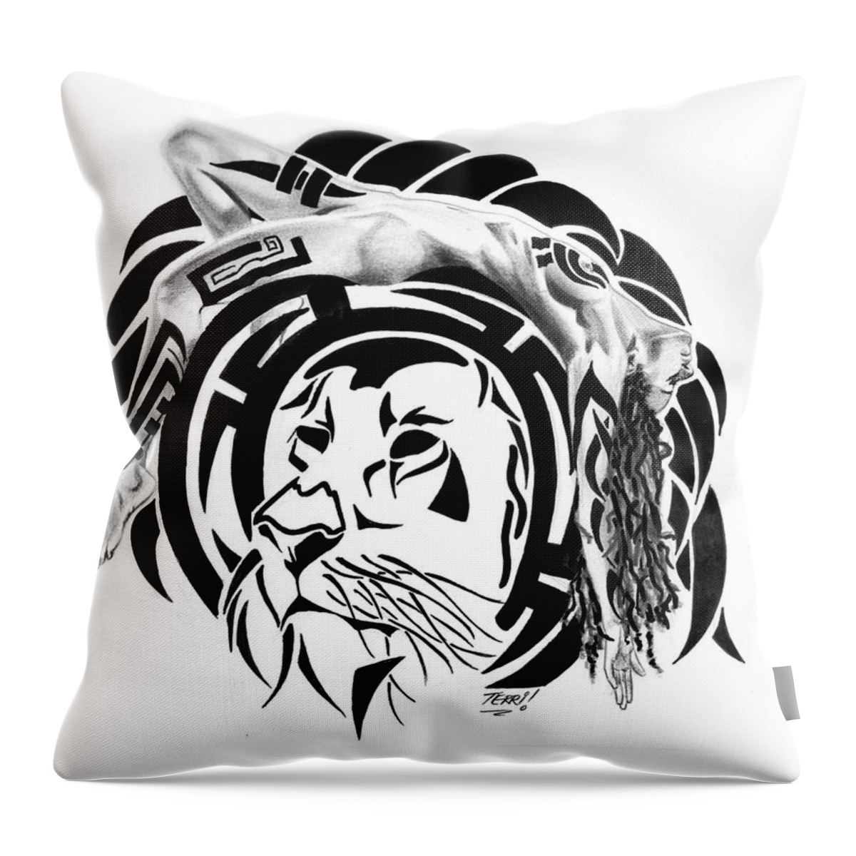 Tribal Throw Pillow featuring the drawing Spirit Animal lion by Terri Meredith