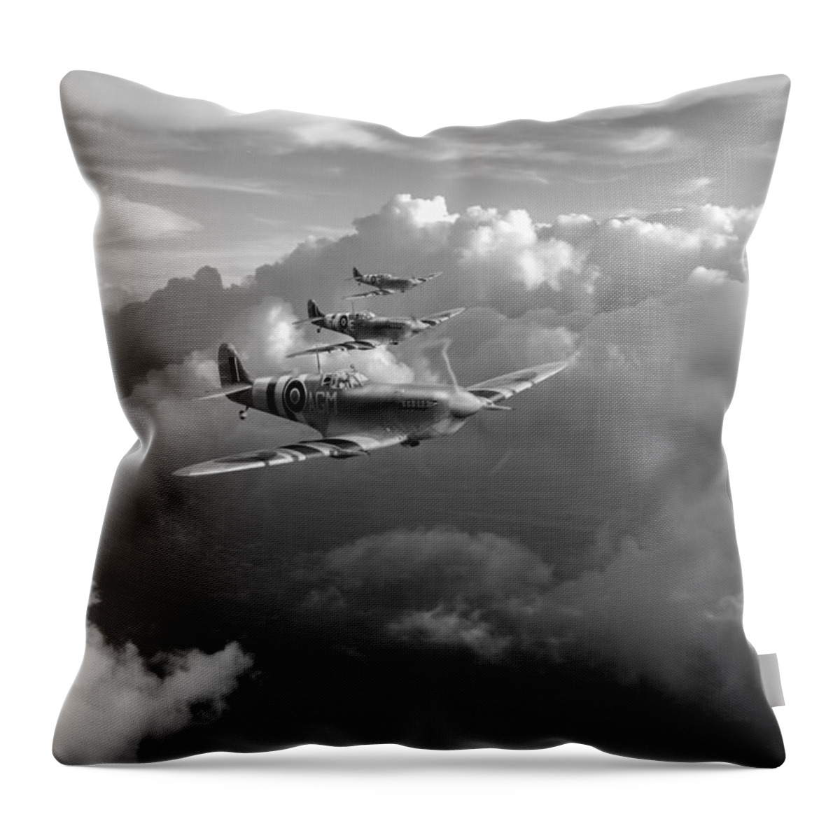Spitfire Throw Pillow featuring the photograph Spitfires among clouds black and white version by Gary Eason