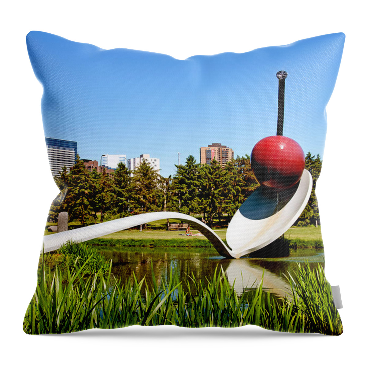 Spoonbridge And Cherry Sculpture; Cherry; Sculpture; Minneapolis Sculpture Garden; Minneapolis Throw Pillow featuring the photograph Spoonbridge and Cherry Sculpture by Lonnie Paulson