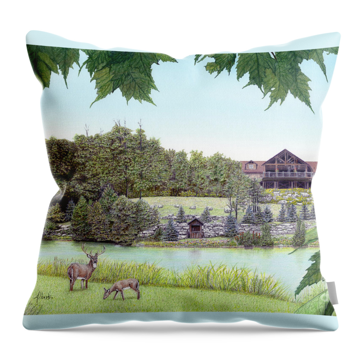 Sporting Clays Throw Pillow featuring the painting Sporting Clays at Seven Springs Mountain Resort by Albert Puskaric