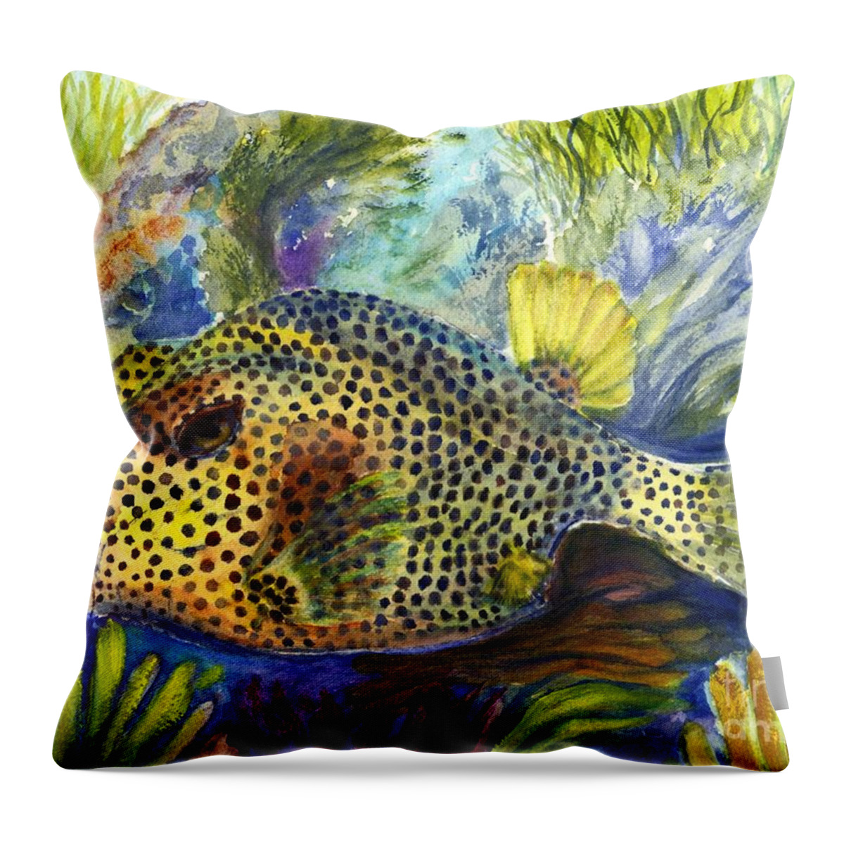 Tropical Fish Throw Pillow featuring the painting Spotted Trunkfish by Carol Wisniewski
