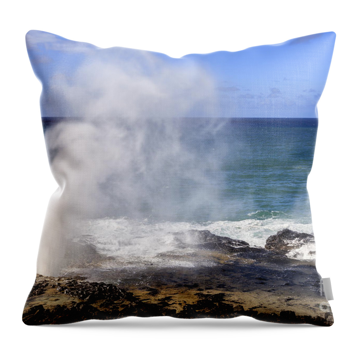 Hawaii Throw Pillow featuring the photograph Spouting Horn blow hole Kauai Hawaii by Ken Brown