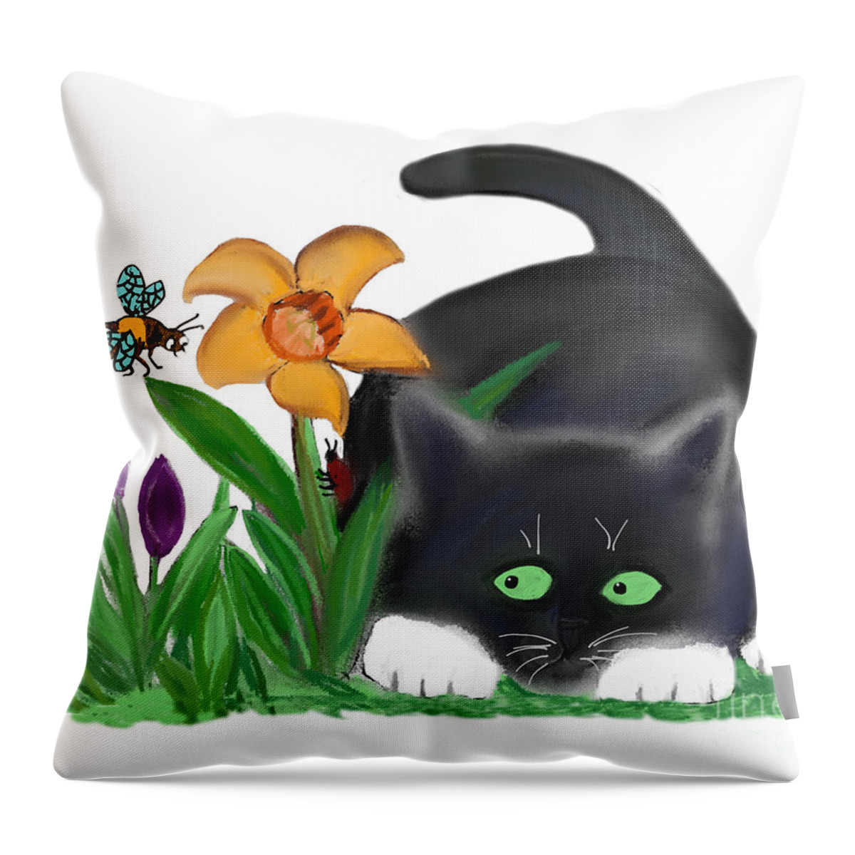 Bee Throw Pillow featuring the digital art Spring Flower Garden Entices a Bee and Kitten by Ellen Miffitt