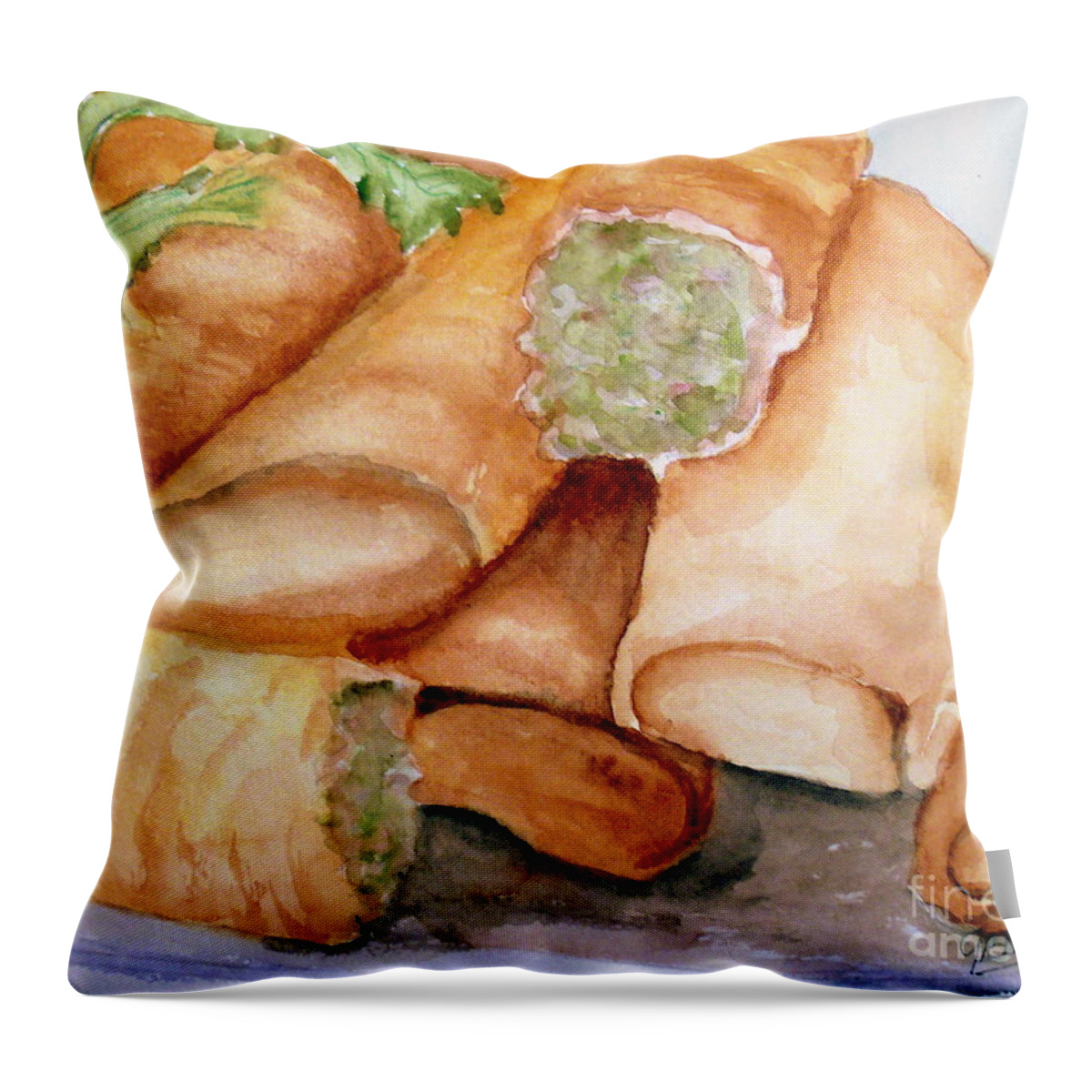 Spring Rolls Throw Pillow featuring the painting Spring Rolls by Carol Grimes