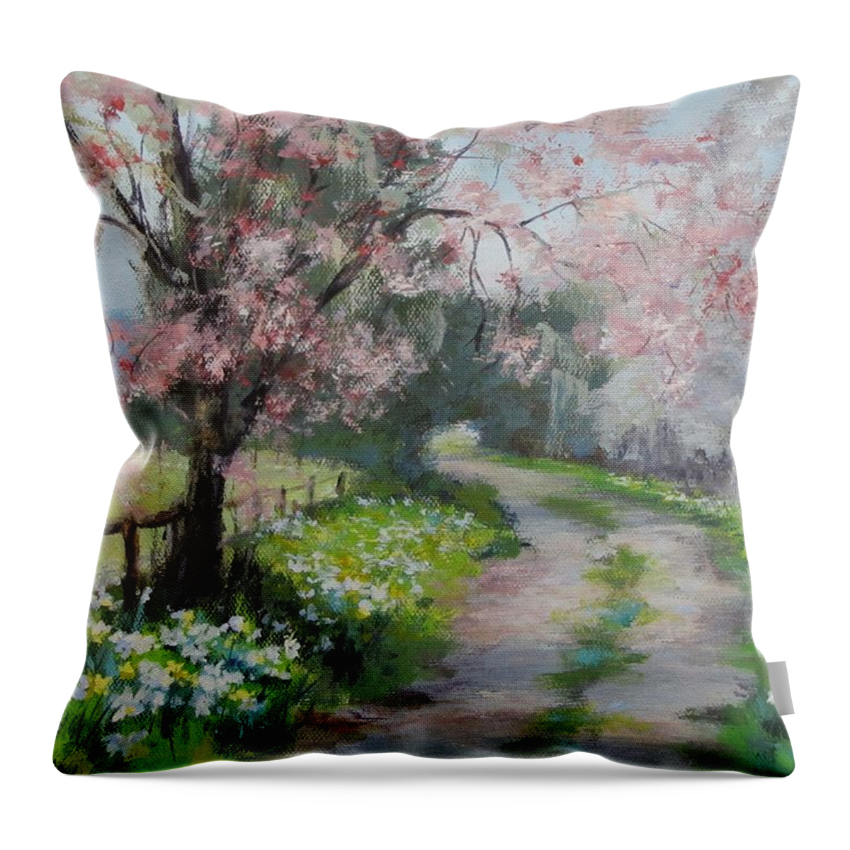 Original Throw Pillow featuring the painting Spring Walk by Karen Ilari