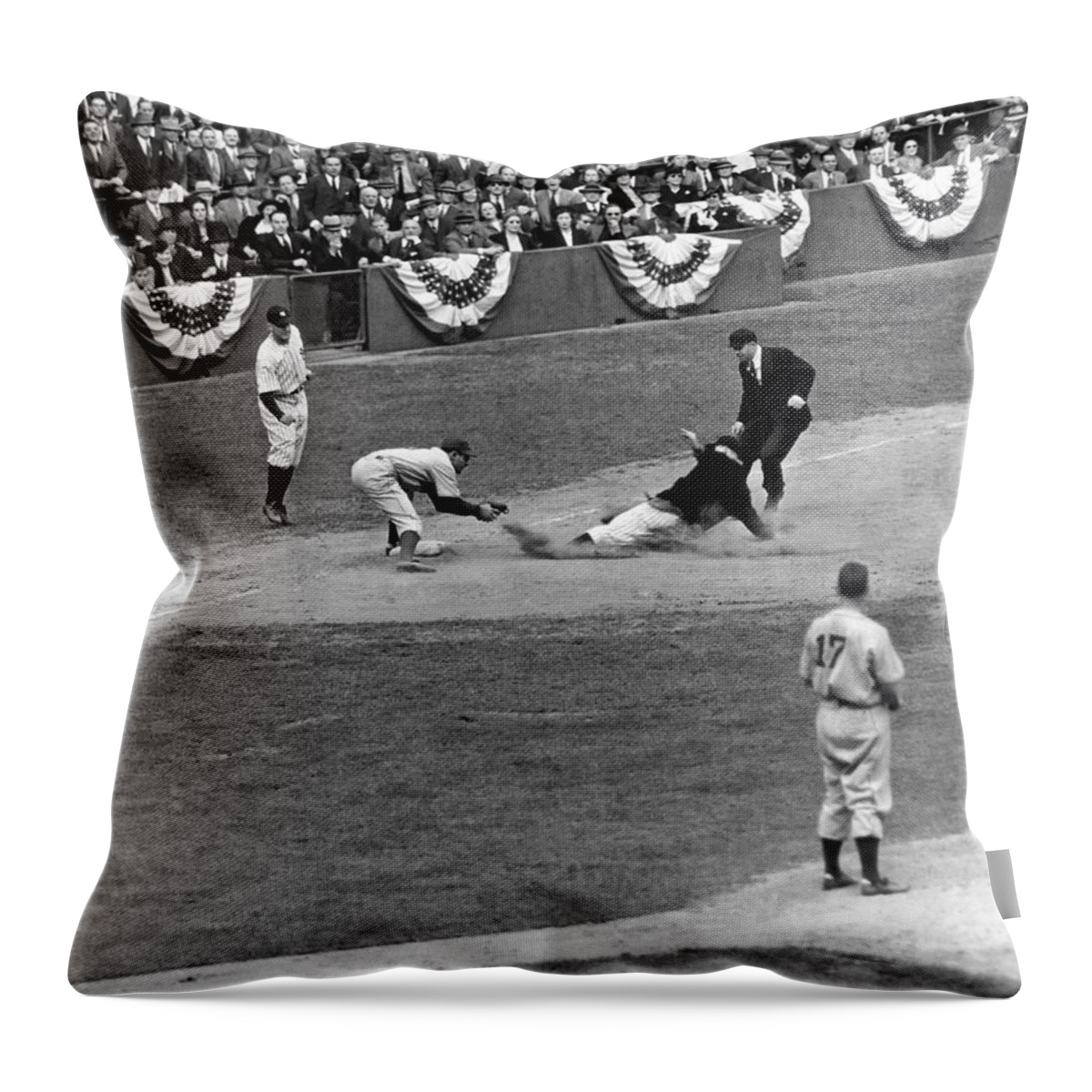 1941 Throw Pillow featuring the photograph Spud Chandler is out at third in the second game of the 1941 Wor by Underwood Archives