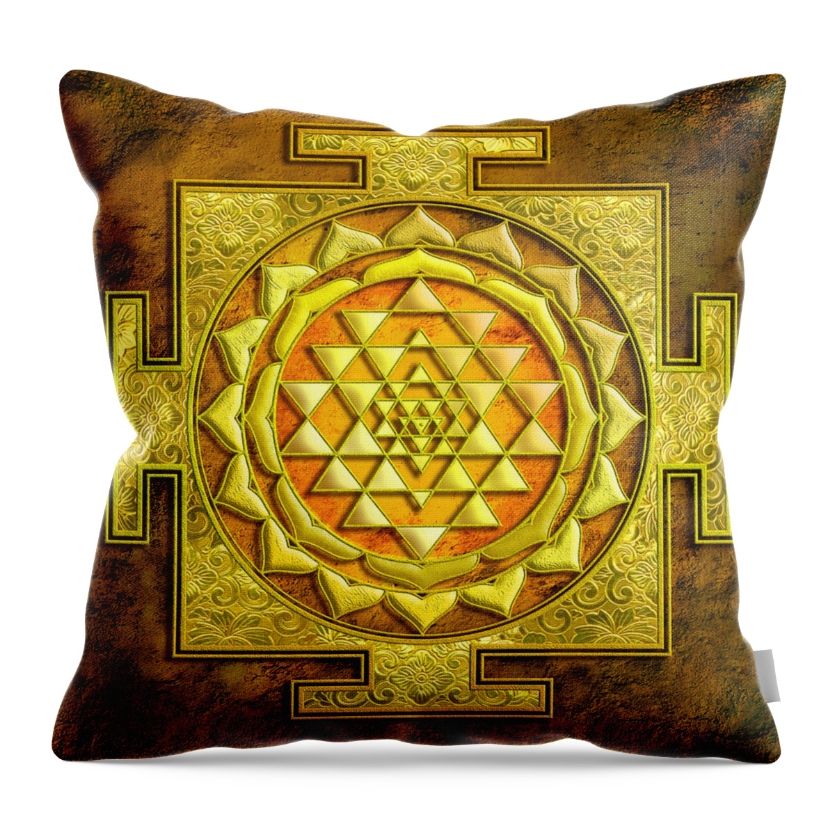 Mandala Throw Pillow featuring the mixed media Sri Yantra Gold stone by Lila Shravani