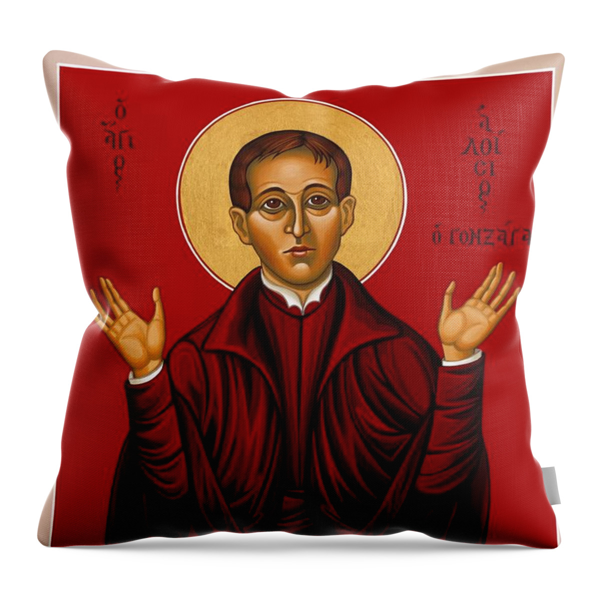 St. Aloysius Throw Pillow featuring the painting St. Aloysius in the Fire of Prayer 020 by William Hart McNichols