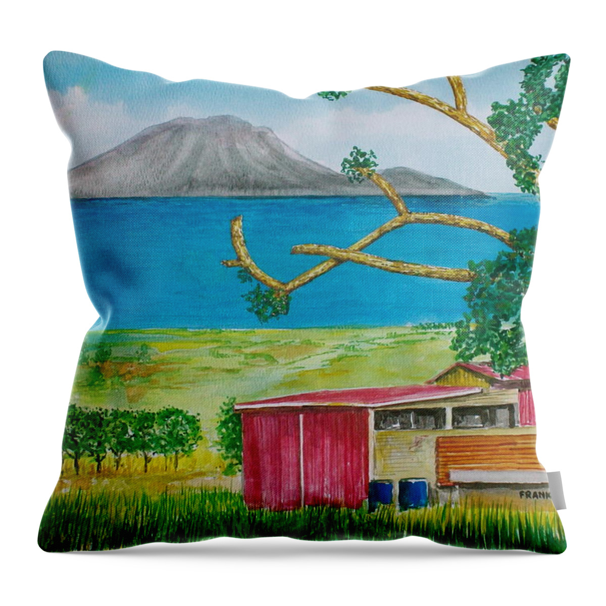 Caribbean St Eustatis St. Kitts Volcano Island Red Shed Slope Weird Trees Throw Pillow featuring the painting St. Eustatis from St. Kitts by Frank Hunter