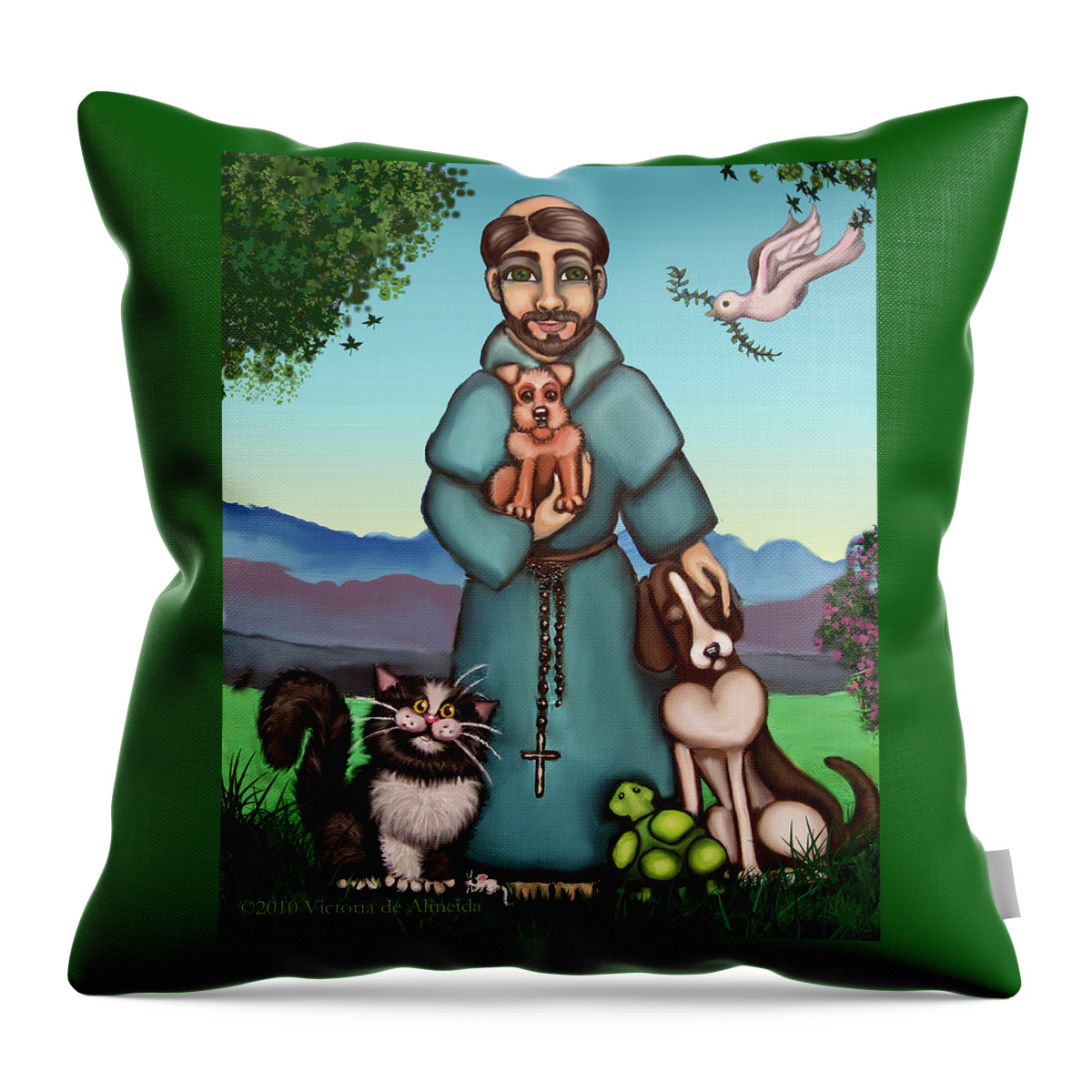St. Francis Throw Pillow featuring the painting St. Francis Libertys Blessing by Victoria De Almeida