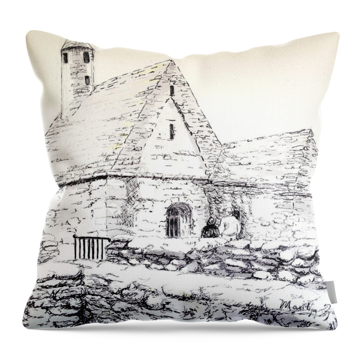 St Kevins's Throw Pillow featuring the drawing St Kevin's by Marilyn Zalatan