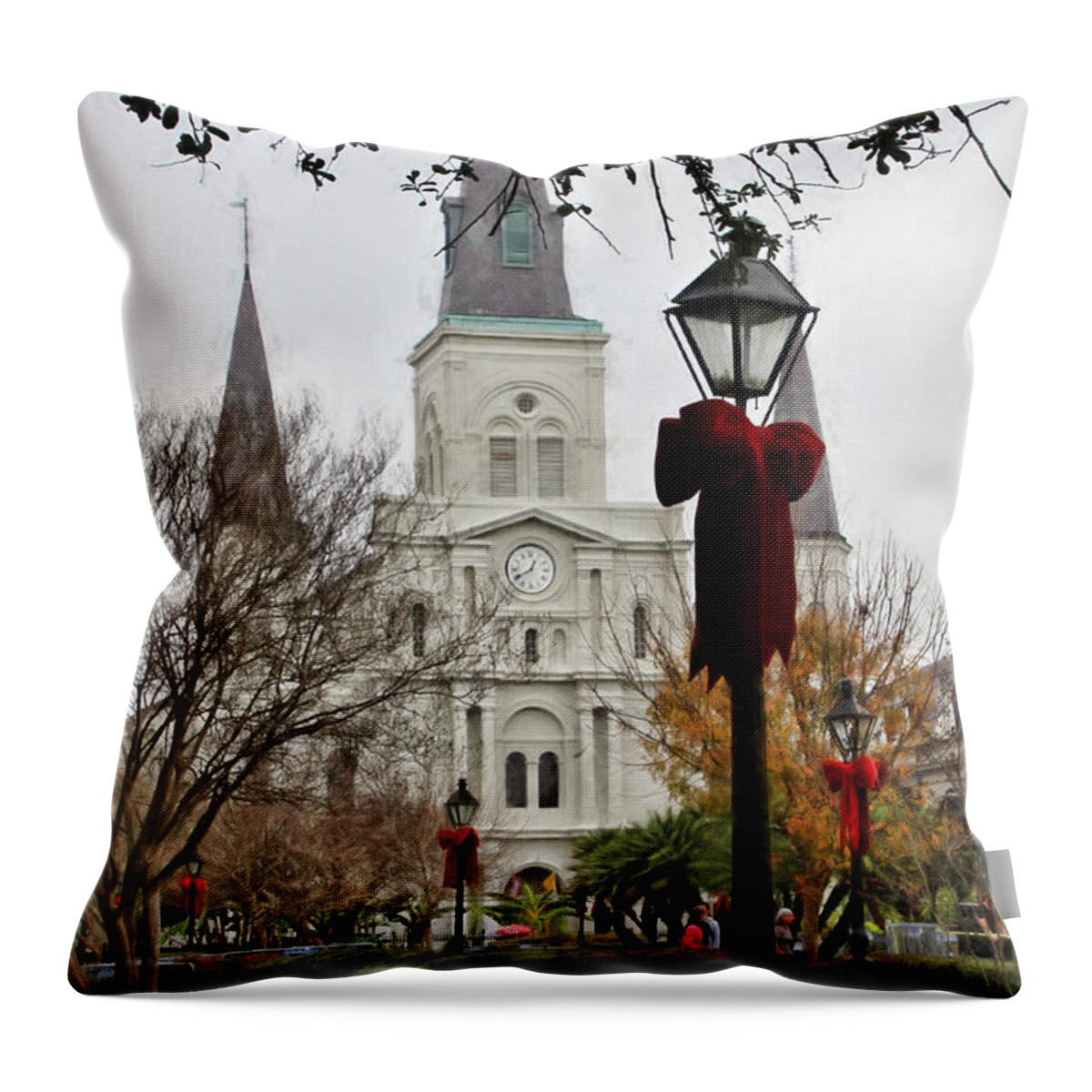 St Louis Cathedral Throw Pillow featuring the photograph St. Louis Cathedral at Christmas by Lynn Jordan