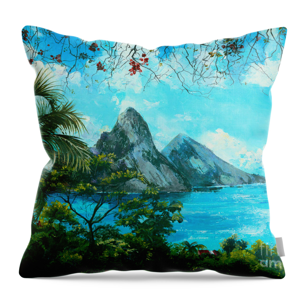 Mountains Throw Pillow featuring the painting St. Lucia - W. Indies by Elisabeta Hermann