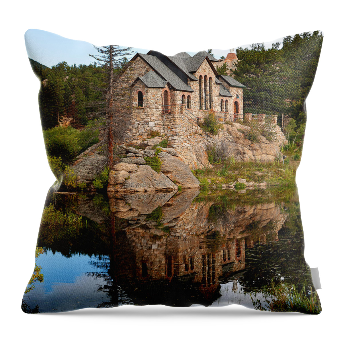 St. Malo; Church; Pope; Reflection; Chapel; Mountain Church; Estes Park; Allenspark Throw Pillow featuring the photograph St. Malo by Jim Garrison