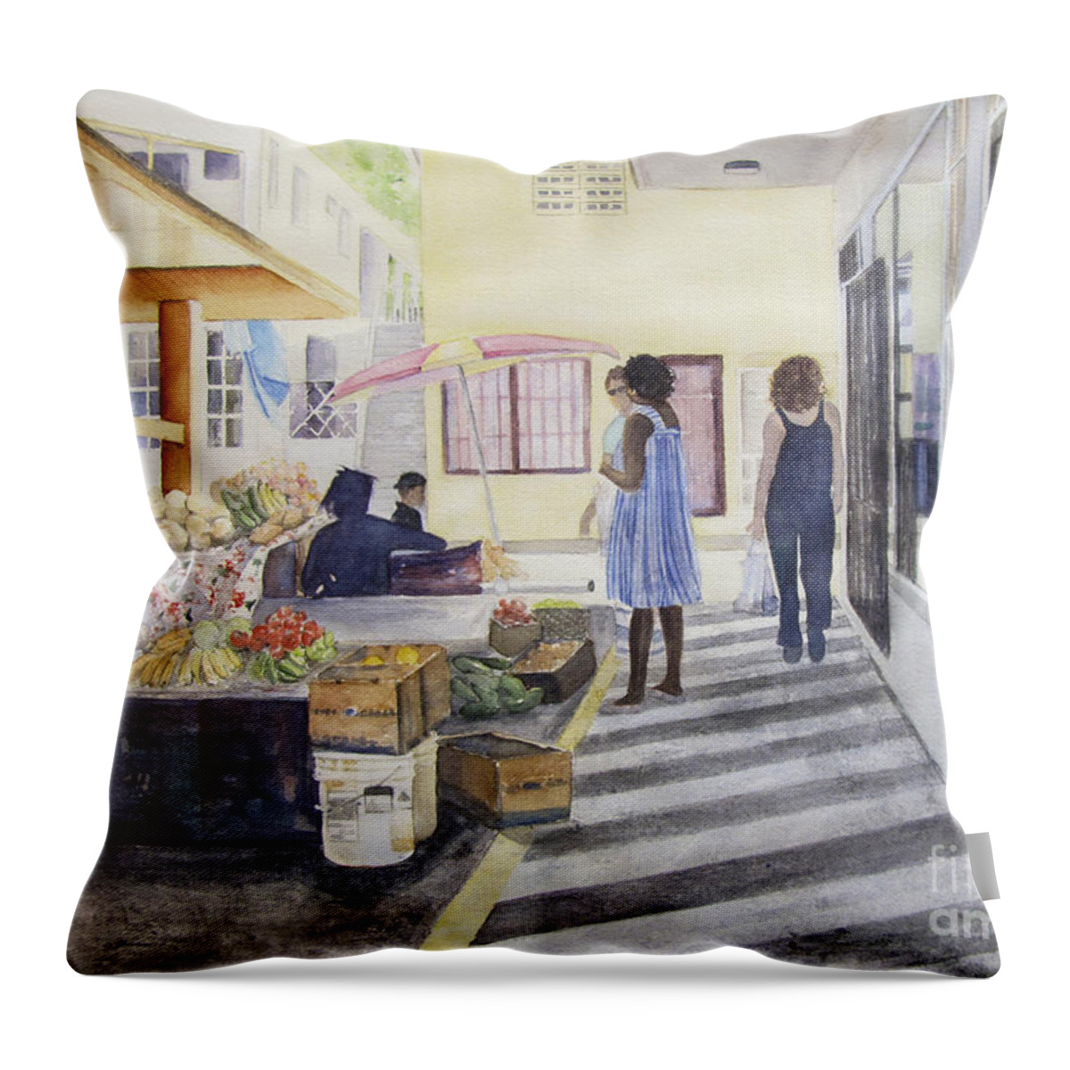 Original Watercolor Painting Throw Pillow featuring the painting St Martin Locals by Carol Flagg