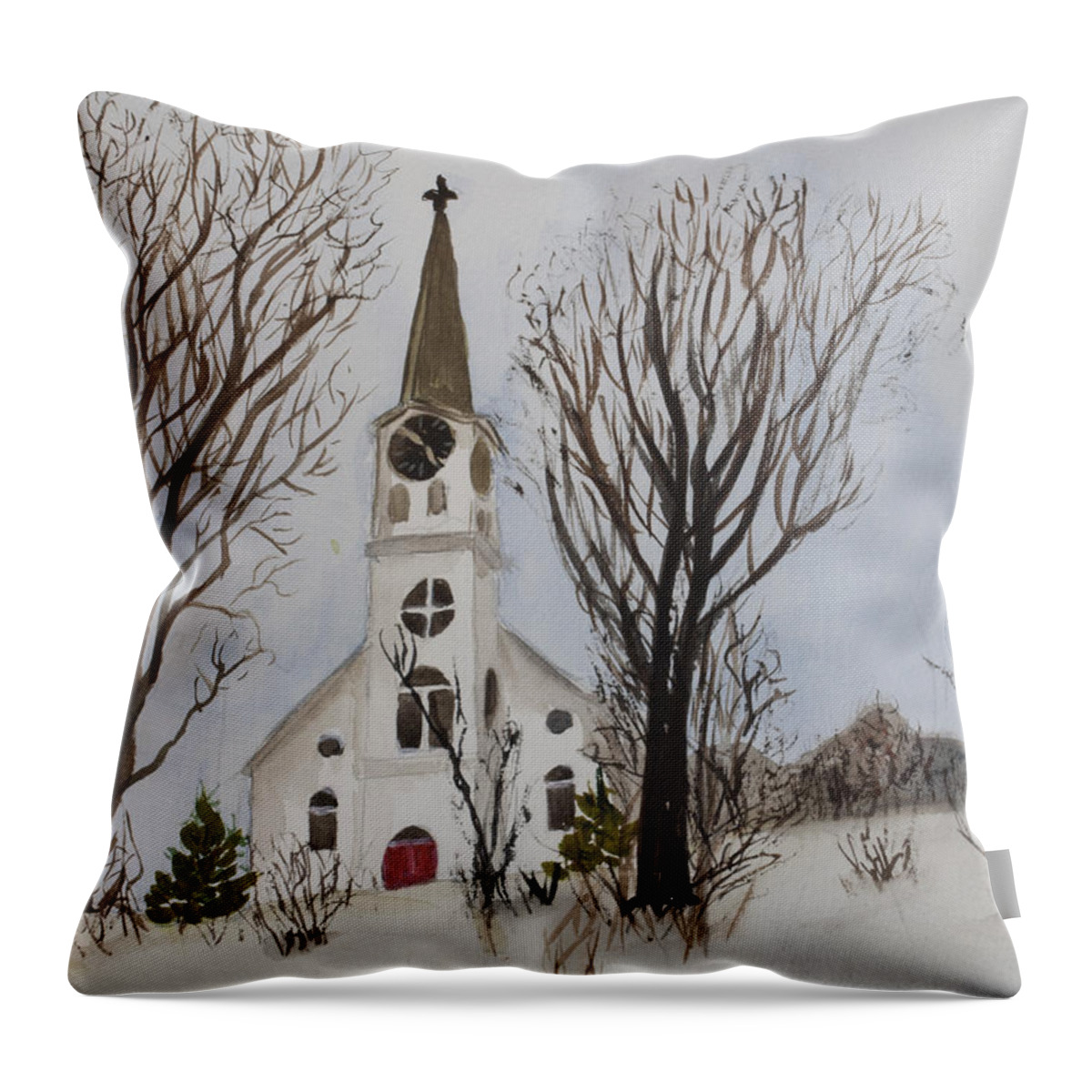 St. Pauls Throw Pillow featuring the painting St. Pauls Church in Barton VT in Winter by Donna Walsh