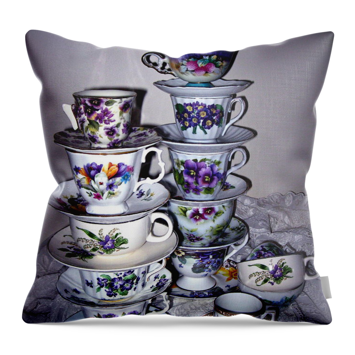 Purple Tea Cups Throw Pillow featuring the photograph Stacks of Purple Teacups by Nancy Patterson