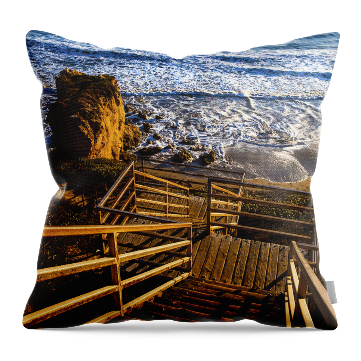 Steps To Blue Ocean Waves Photography Throw Pillow featuring the photograph Steps To Blue Ocean And Rocky Beach by Jerry Cowart