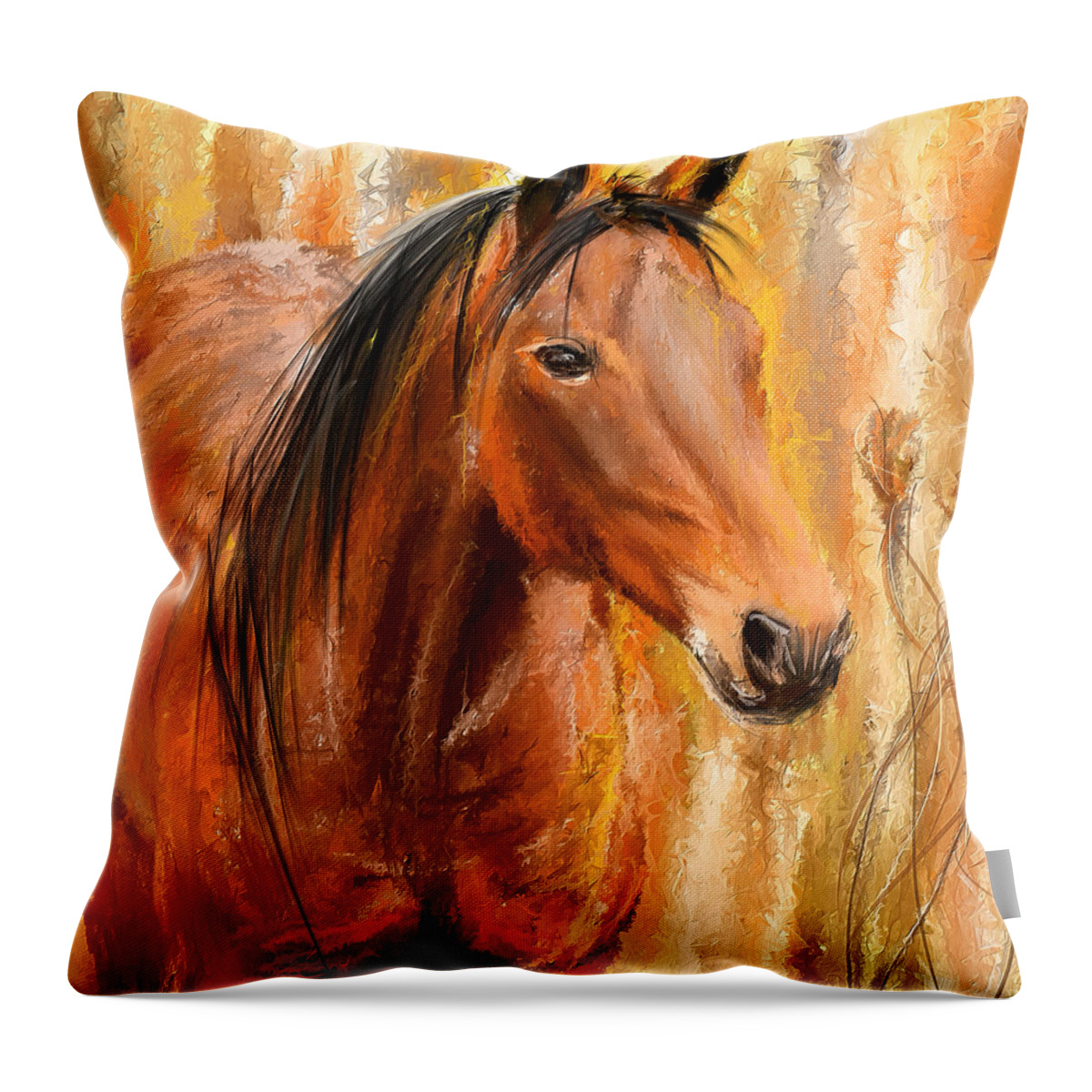 Bay Horse Paintings Throw Pillow featuring the painting Standing Regally- Bay Horse Paintings by Lourry Legarde
