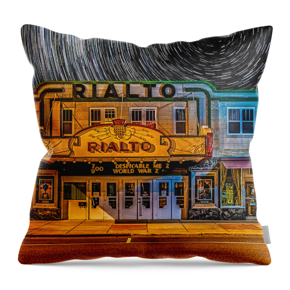 Rialto Throw Pillow featuring the photograph Star trails over the Rialto by Paul Freidlund
