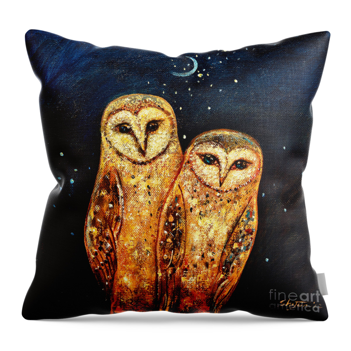 Owl Throw Pillow featuring the painting Starlight Owls by Shijun Munns