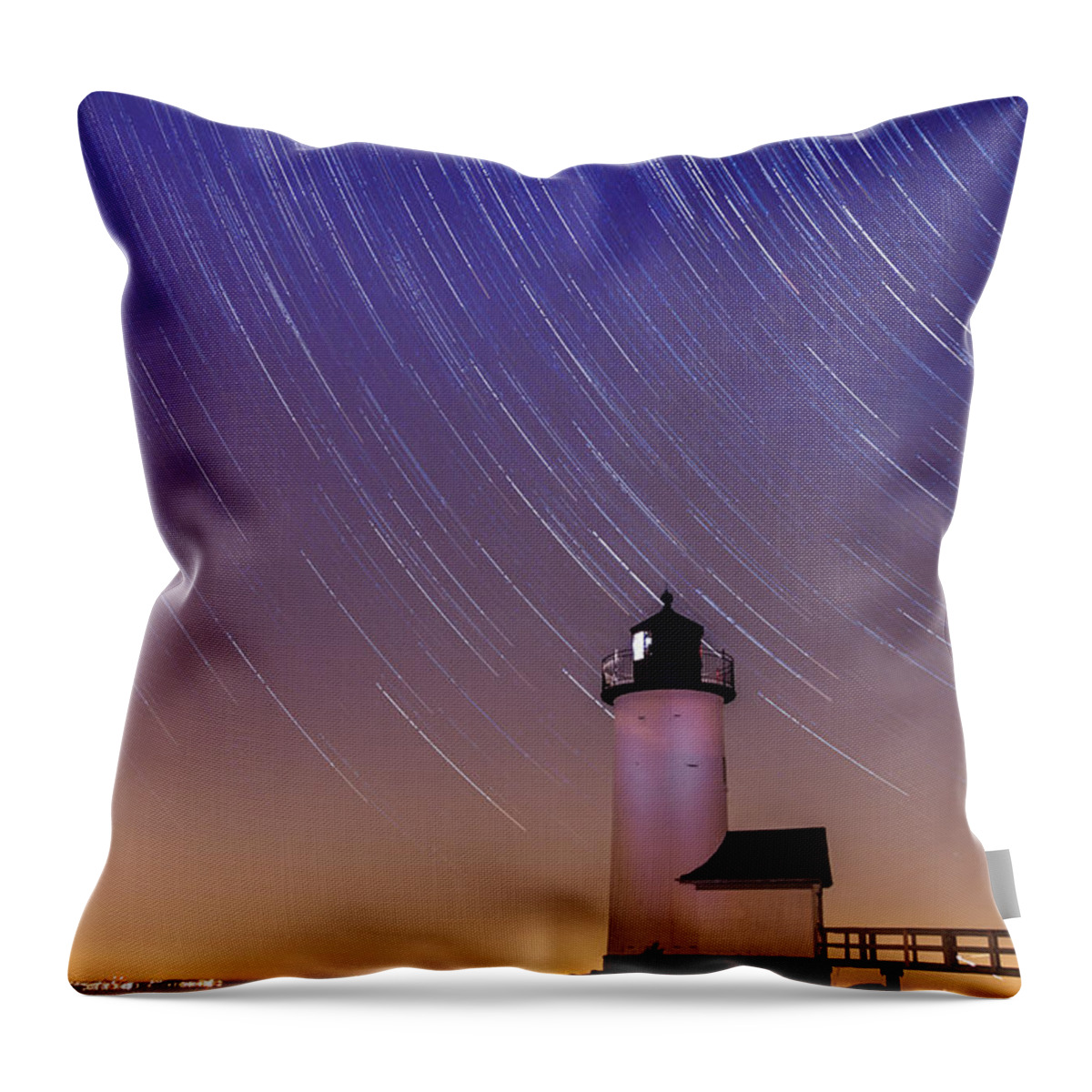 Annisquam Lighthouse Massachusetts Throw Pillow featuring the photograph Stars trailing over Lighthouse by Jeff Folger