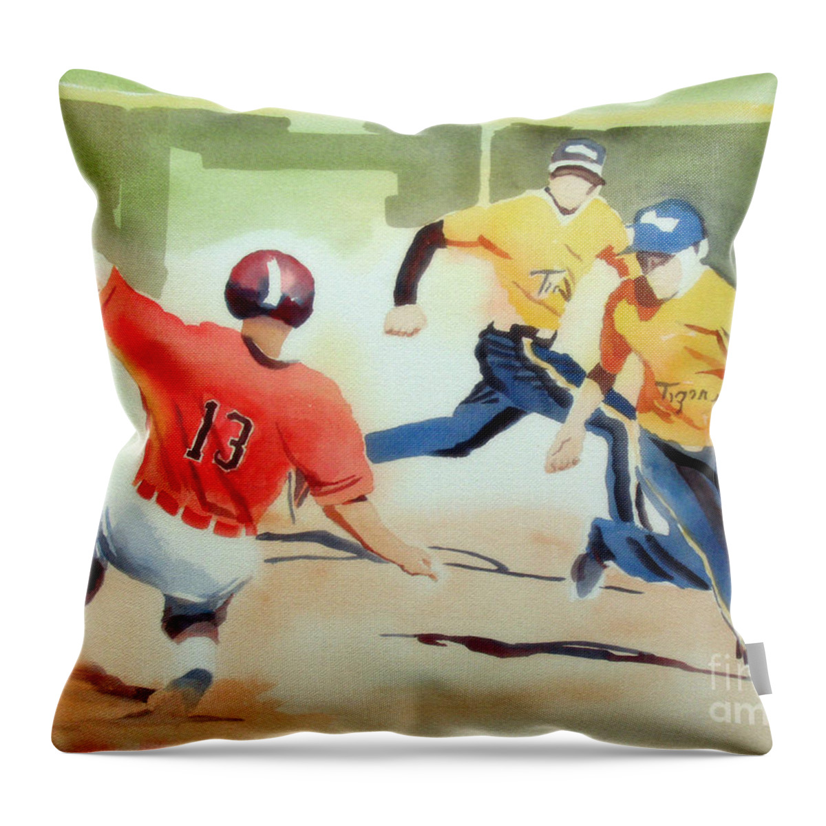 Stealing Second Throw Pillow featuring the painting Stealing Second by Kip DeVore