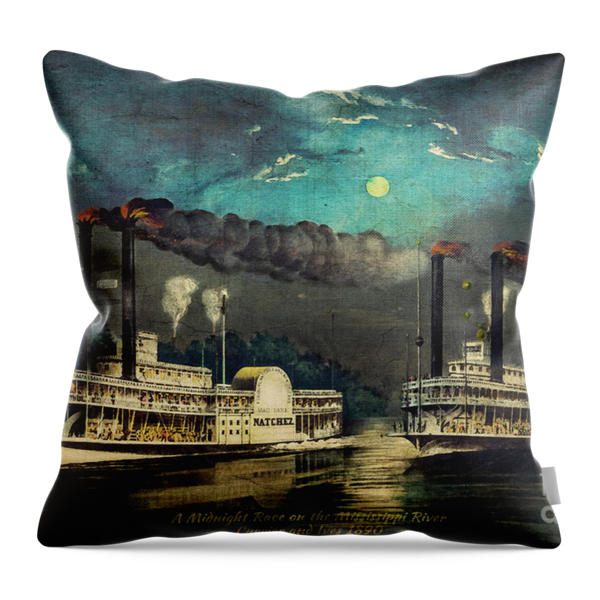 Steamboats Throw Pillow featuring the digital art Steamboat Racing on the Mississippi by Lianne Schneider