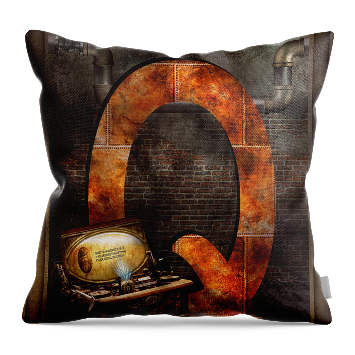 Self Throw Pillow featuring the digital art Steampunk - Alphabet - Q is for Qwerty by Mike Savad