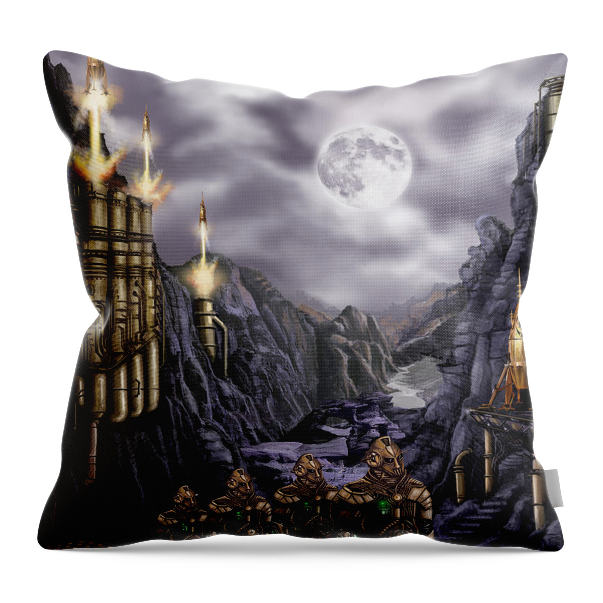 Steampunk Throw Pillow featuring the painting Steampunk Moon Invasion by James Hill