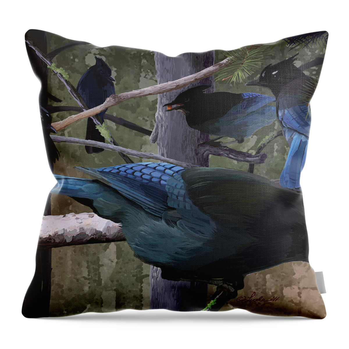 Birds Throw Pillow featuring the painting Steller's Jays by Pam Little