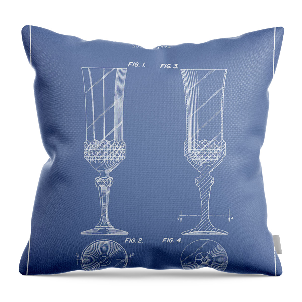 Wine Throw Pillow featuring the digital art Stemmed Wine Glass Patent from 1988 - Light Blue by Aged Pixel