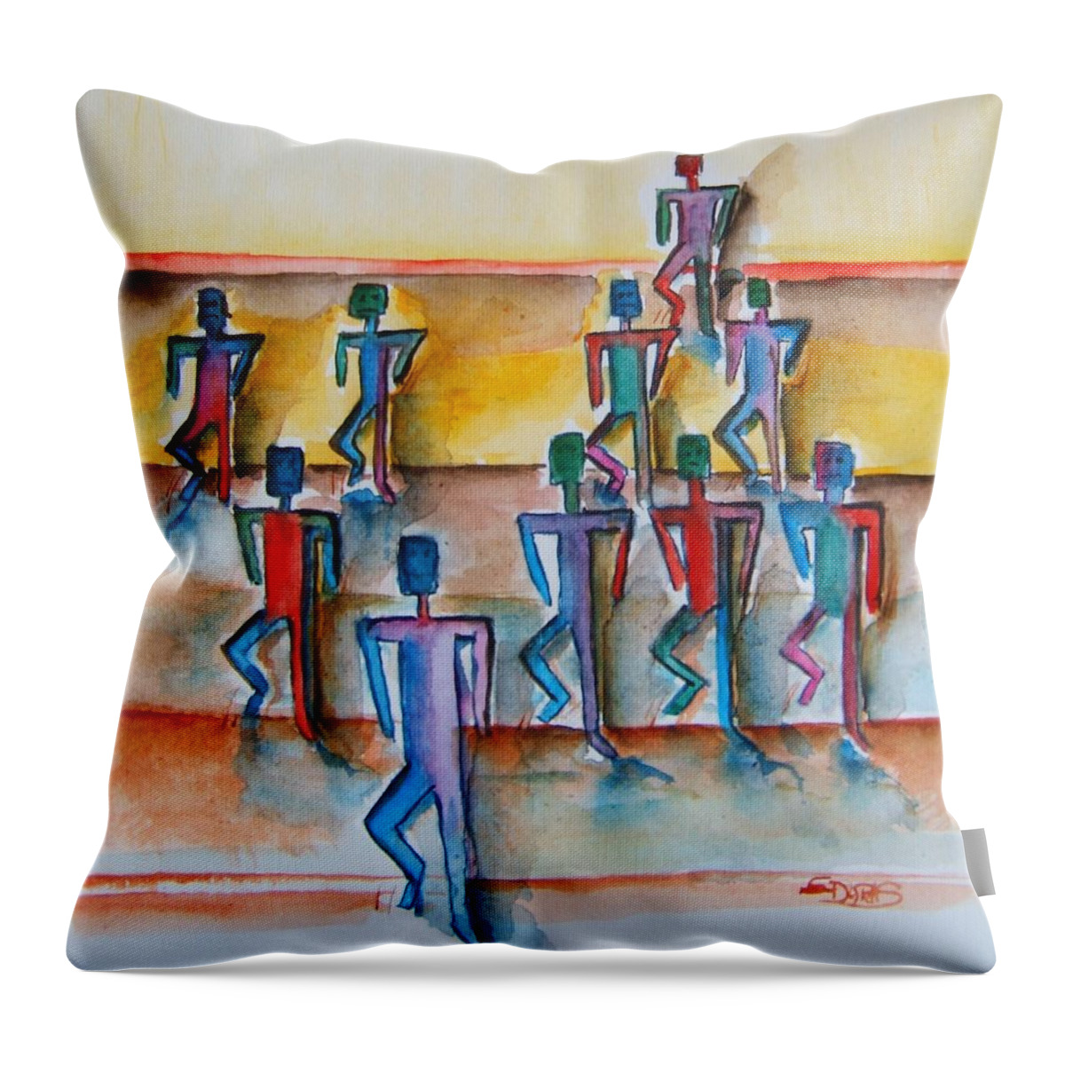 Stickman Throw Pillow featuring the painting Stickman Performers by Elaine Duras