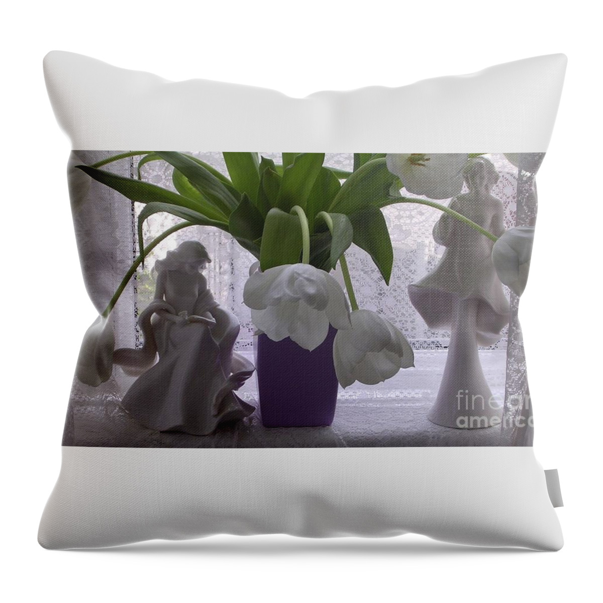 Figurines Throw Pillow featuring the photograph Still life Tulips and Lace by Joan-Violet Stretch