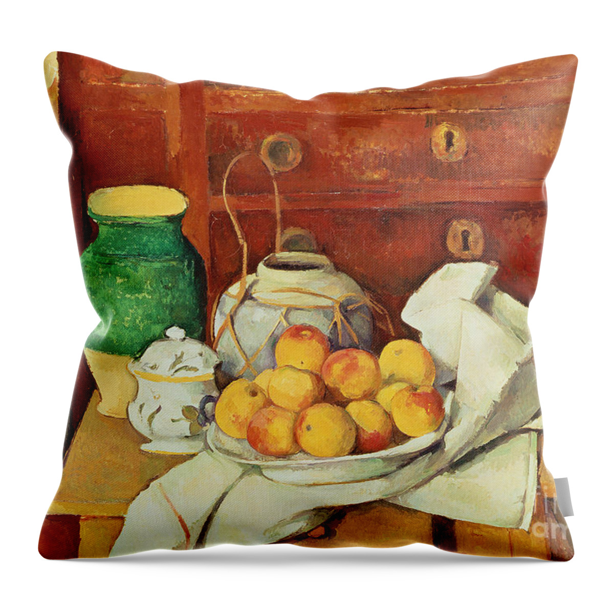 Post-impressionist Throw Pillow featuring the painting Still Life with a Chest of Drawers by Paul Cezanne