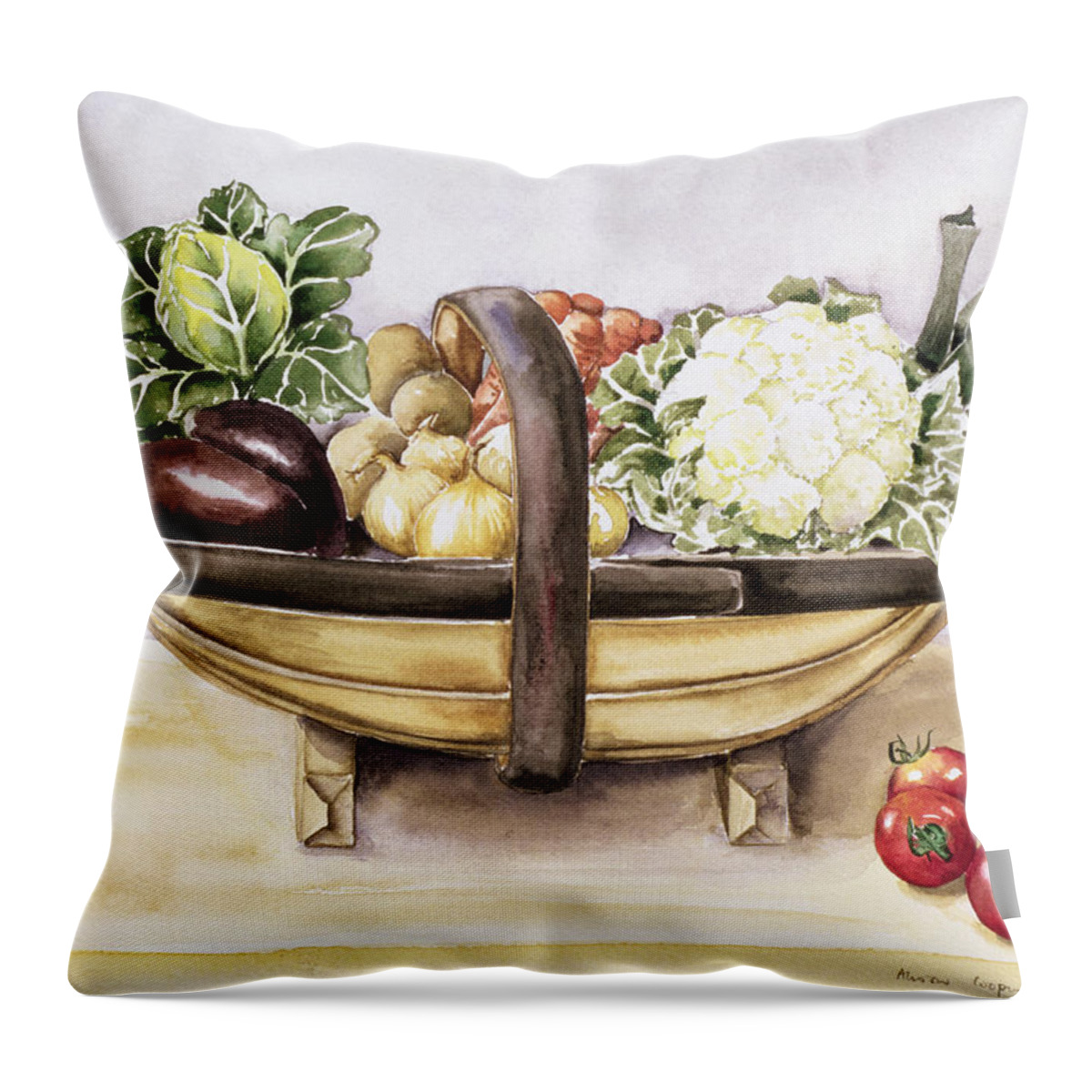 Still-life Throw Pillow featuring the painting Still life with a trug of vegetables by Alison Cooper