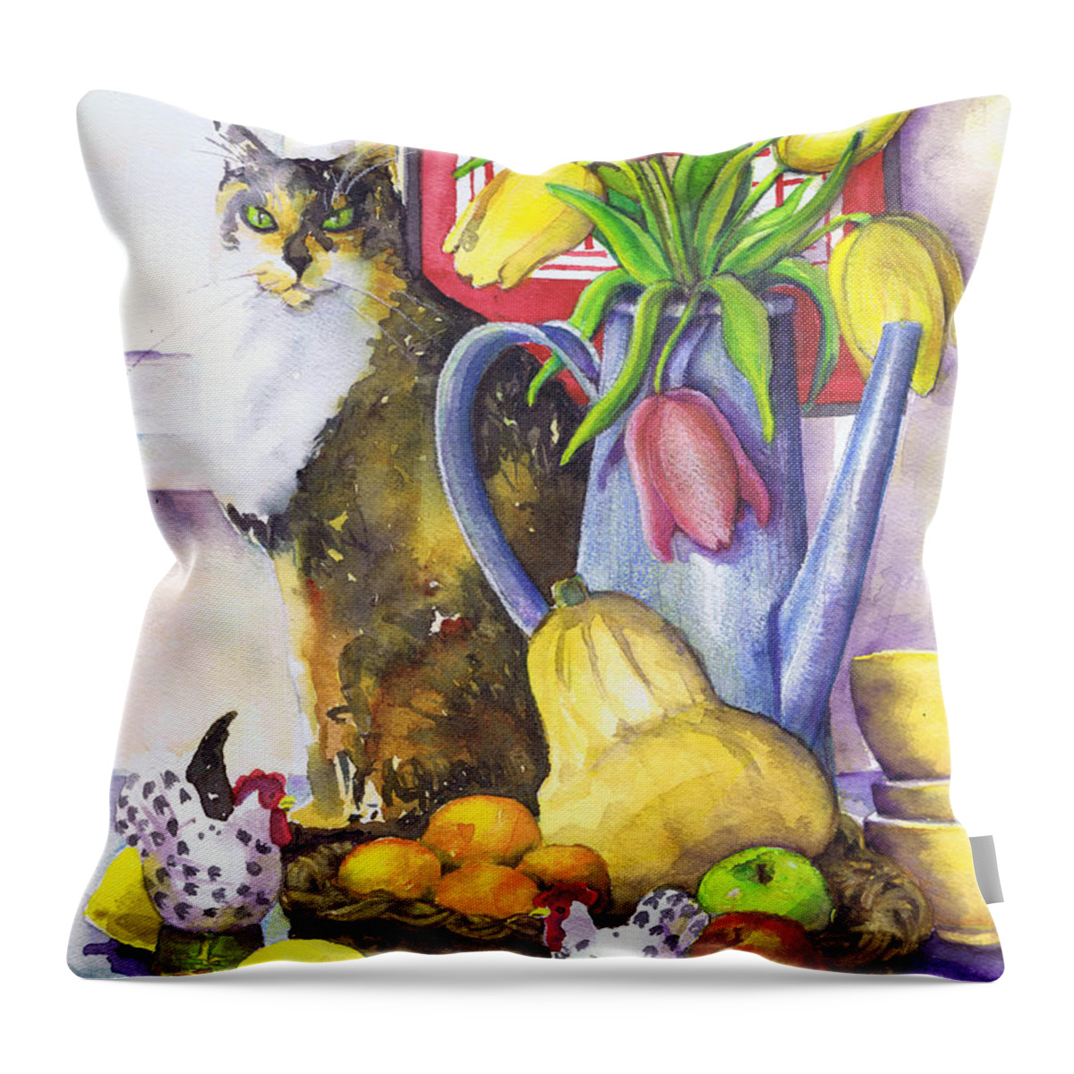 Cat Throw Pillow featuring the painting Still Life With Cat by Susan Herbst