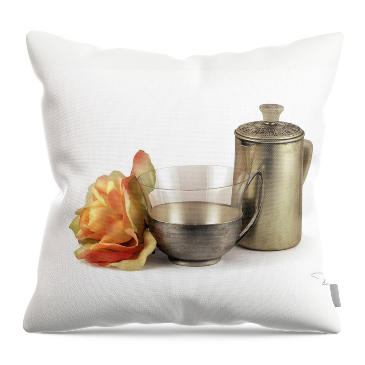 Still Throw Pillow featuring the photograph Still life with old cup rose and coffe pot by Raffaella Lunelli