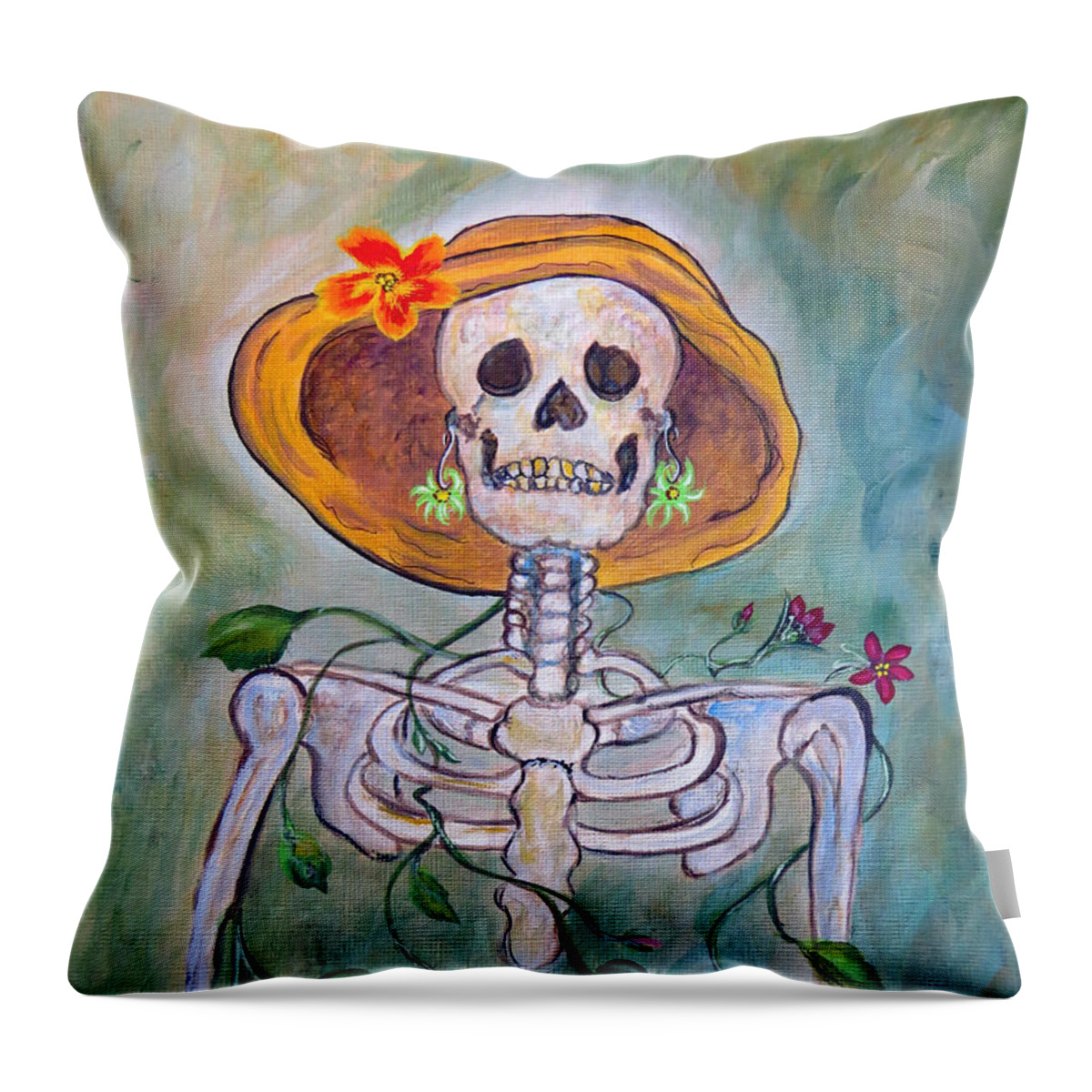 Skull Throw Pillow featuring the painting Still Waiting for Mr. Right by Ella Kaye Dickey