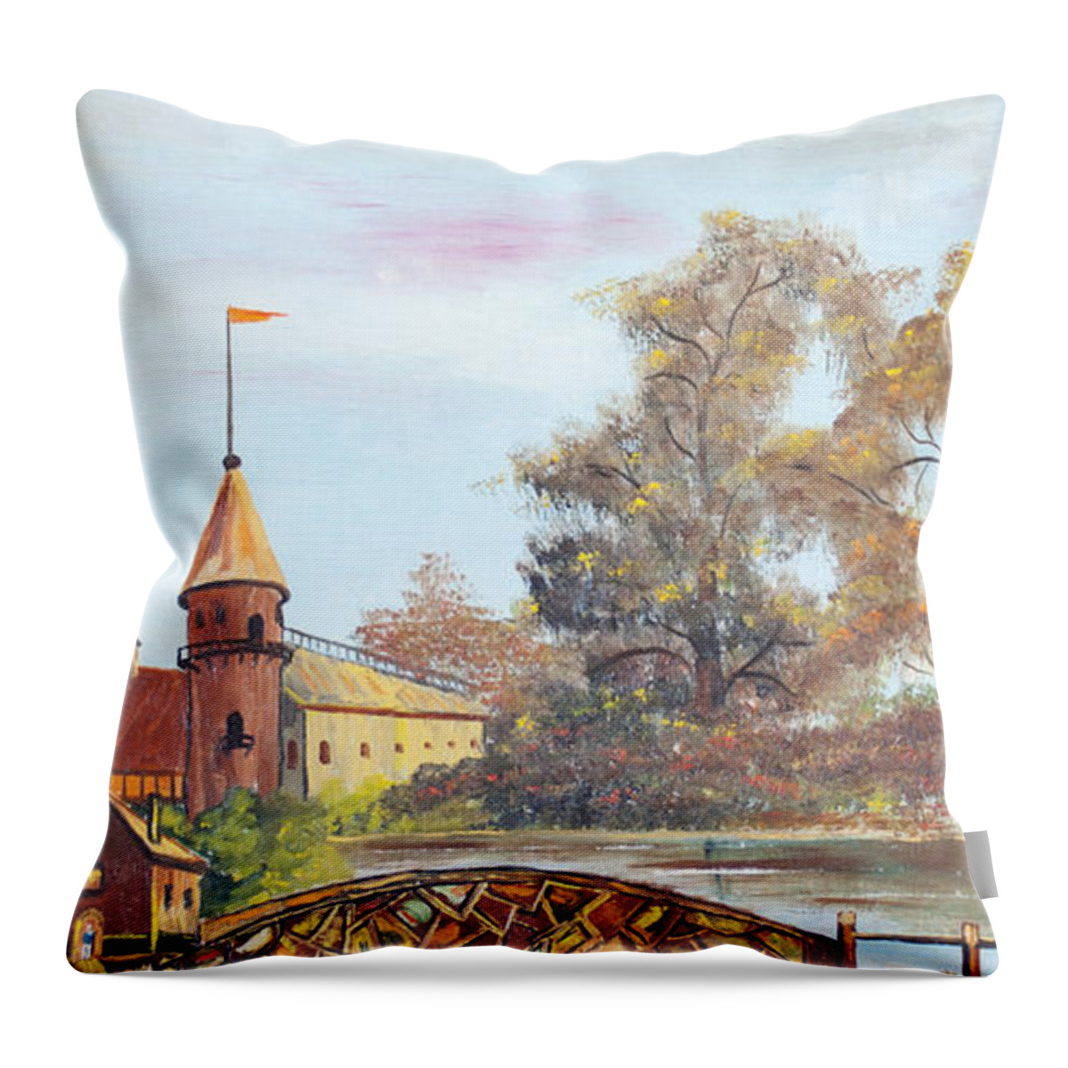 Merlin Reynolds Throw Pillow featuring the painting Stone Bridge over Water by Merlin Reynolds by Fran Riley