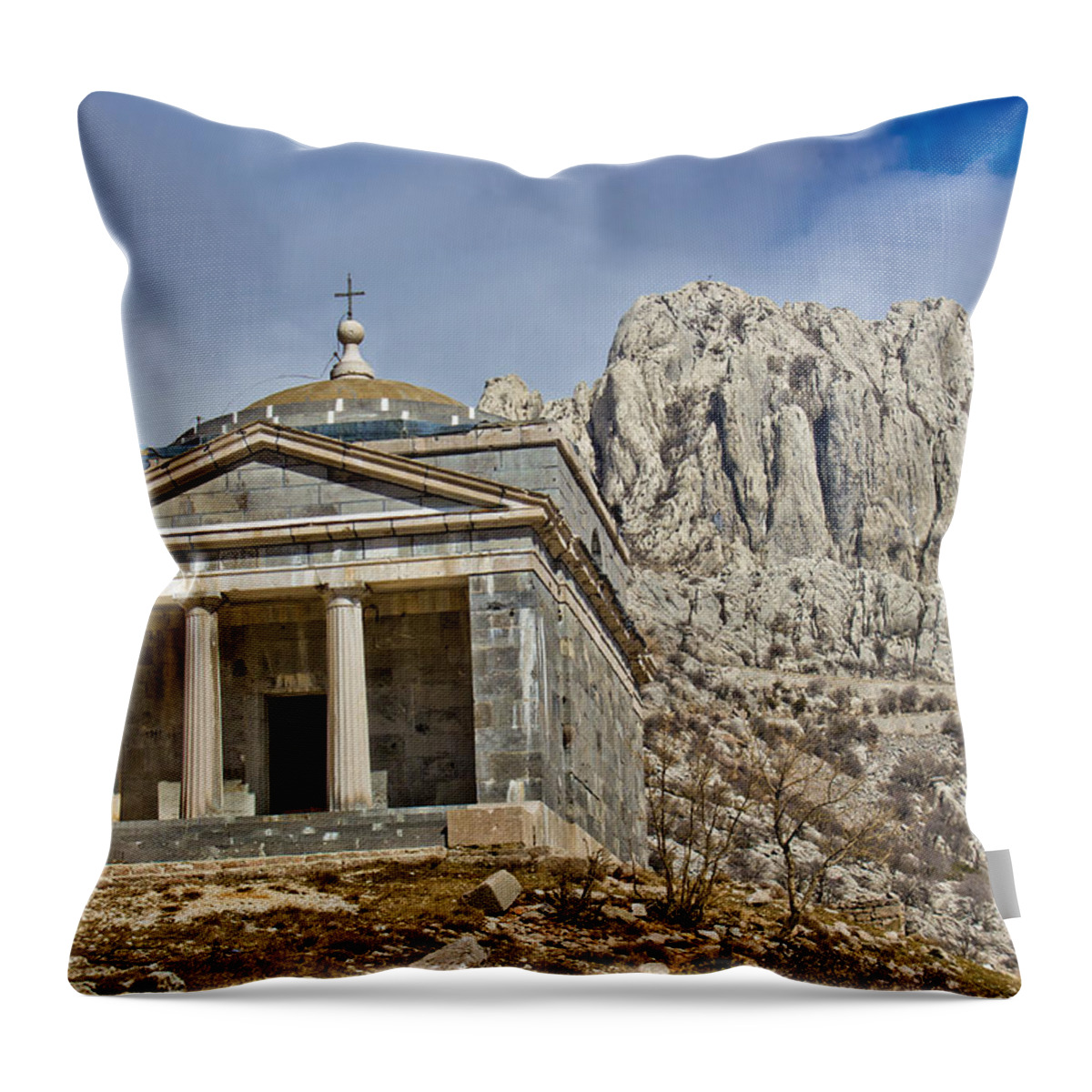 Tulove Grede Throw Pillow featuring the photograph Stone church on Velebit mountain by Brch Photography