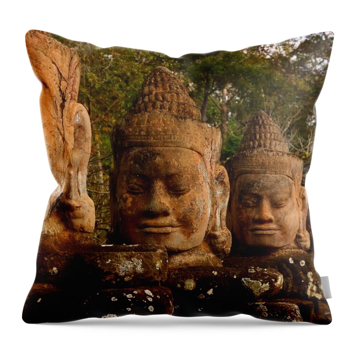 Angkor Thom Throw Pillow featuring the photograph Stone Heads by FireFlux Studios