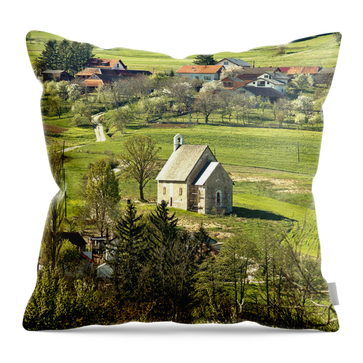 Croatia Throw Pillow featuring the photograph Stone made church in green nature by Brch Photography