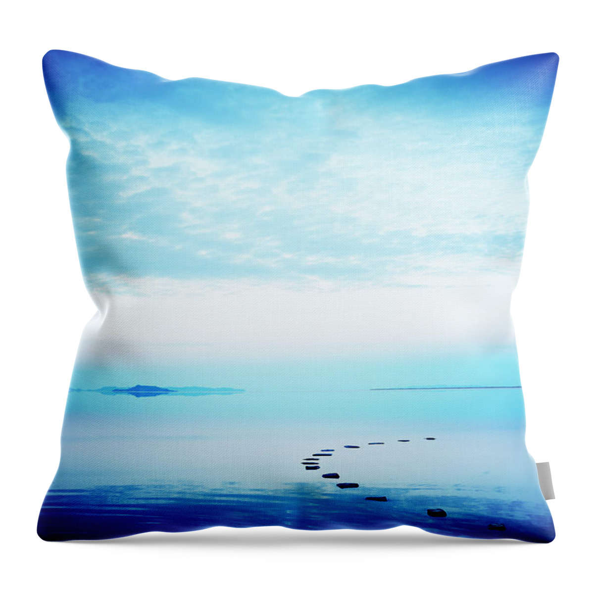 Scenics Throw Pillow featuring the photograph Stone Path In Calm Lake At Sunset by Thomas Barwick