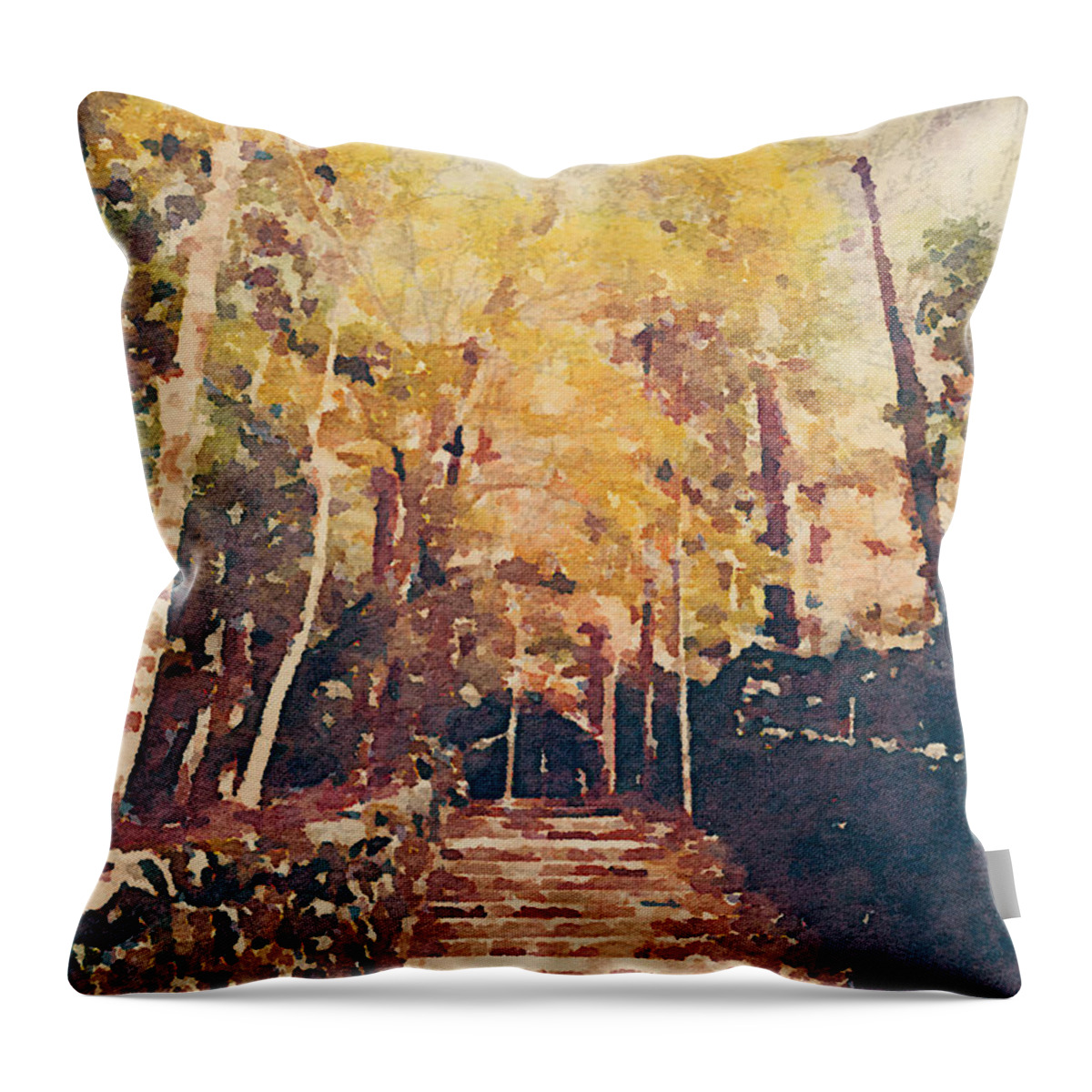Forest Throw Pillow featuring the painting Stone Path Through a Forest in Autumn by Beverly Claire Kaiya