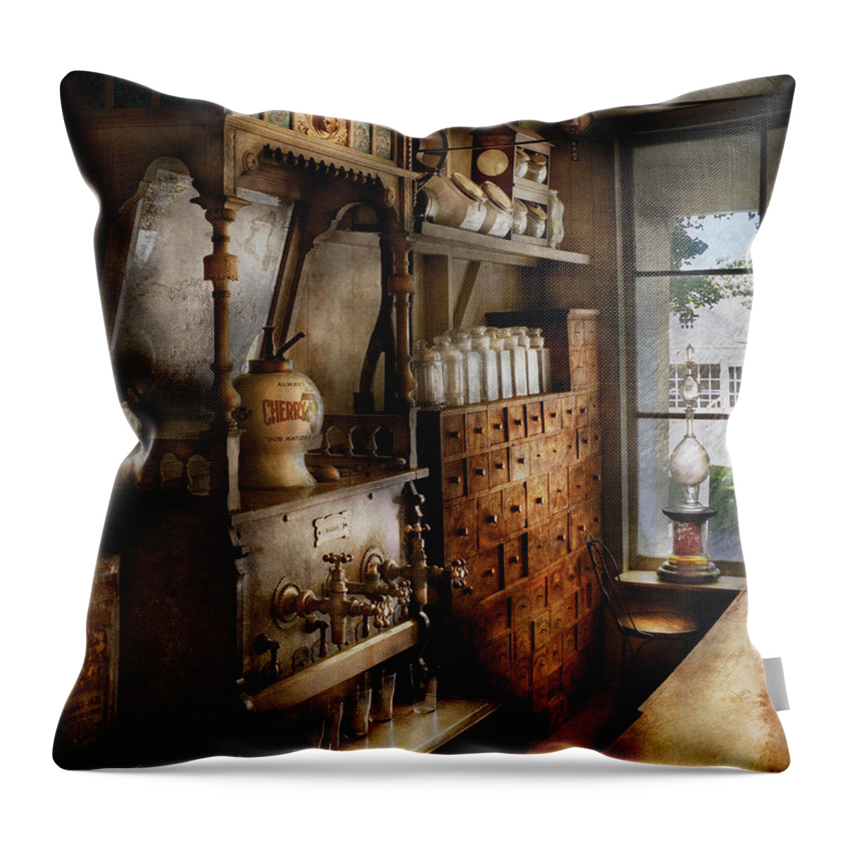 Savad Throw Pillow featuring the photograph Store - Turn of the century soda fountain by Mike Savad