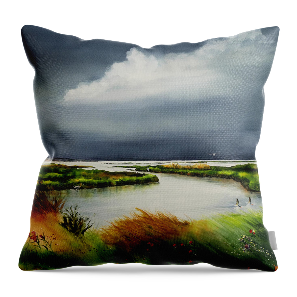 Marsh Throw Pillow featuring the painting Storm Watch by Phyllis London