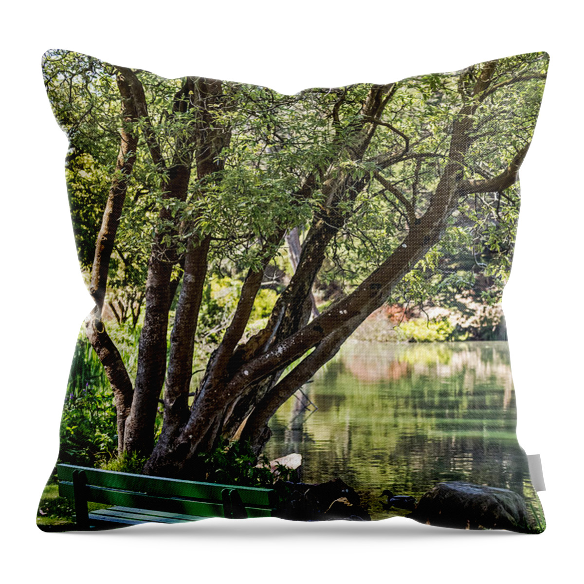Bench Throw Pillow featuring the photograph Stow Lake Bench by Kate Brown