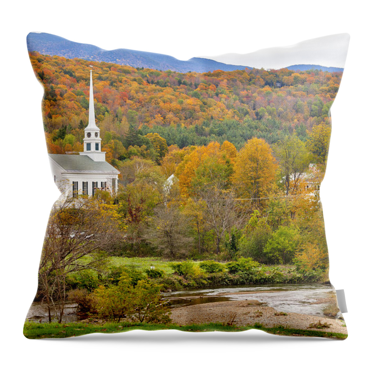 Stowe Throw Pillow featuring the photograph Stowe Vermont community church and Little River by Ken Brown
