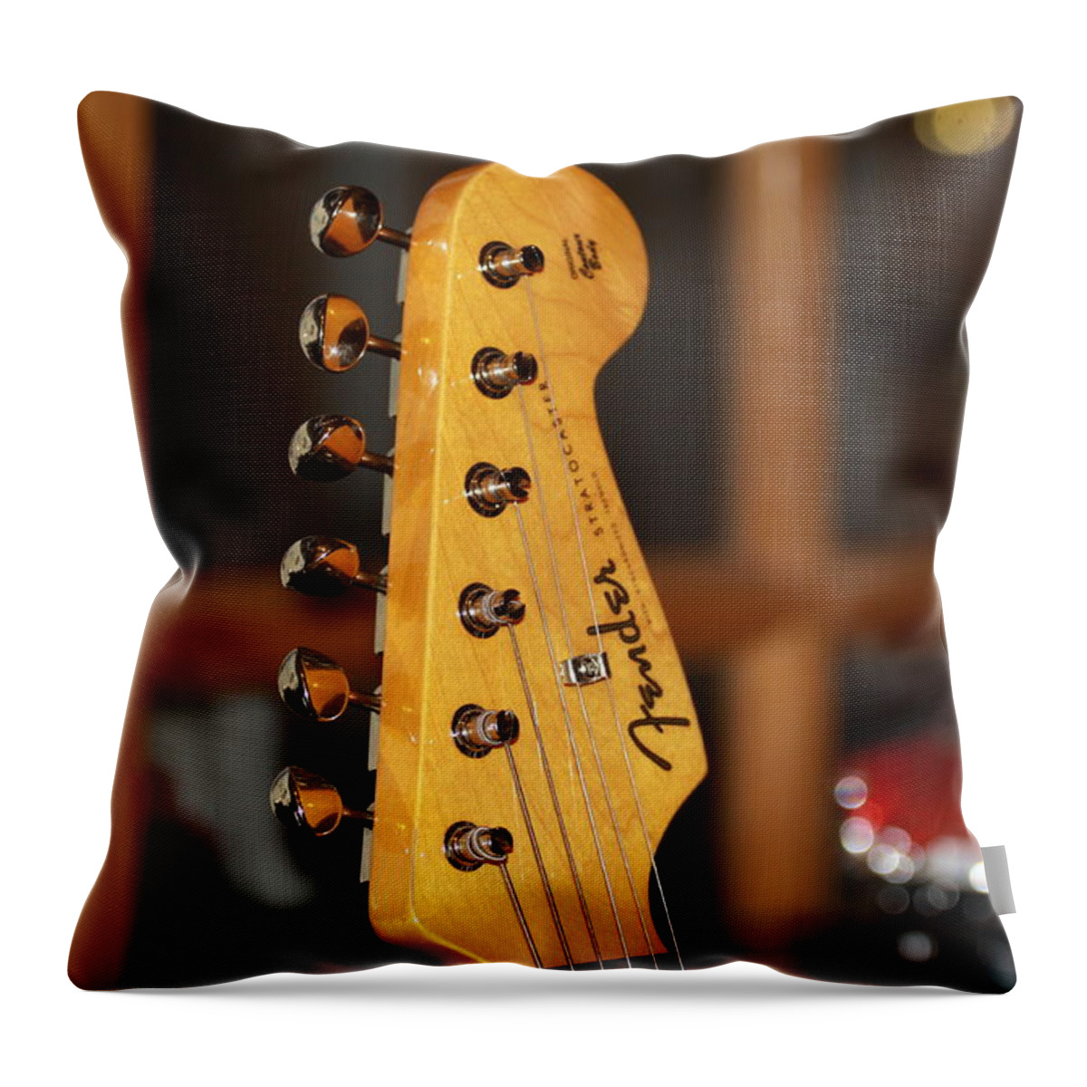 Fender Throw Pillow featuring the photograph Stratocaster Headstock by Chris Thomas
